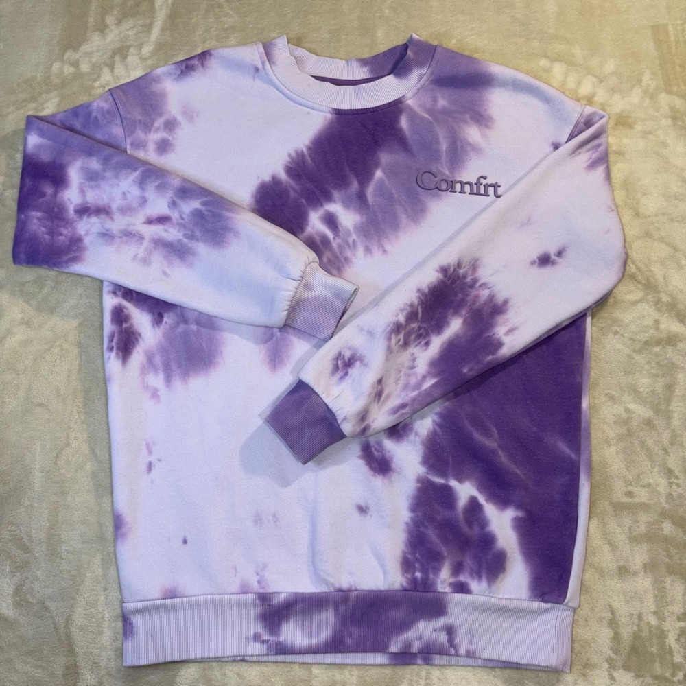 Comfrt Purple Tie Dye Fleece Crewneck Sweatshirt XS Good Days Ahead Pullover